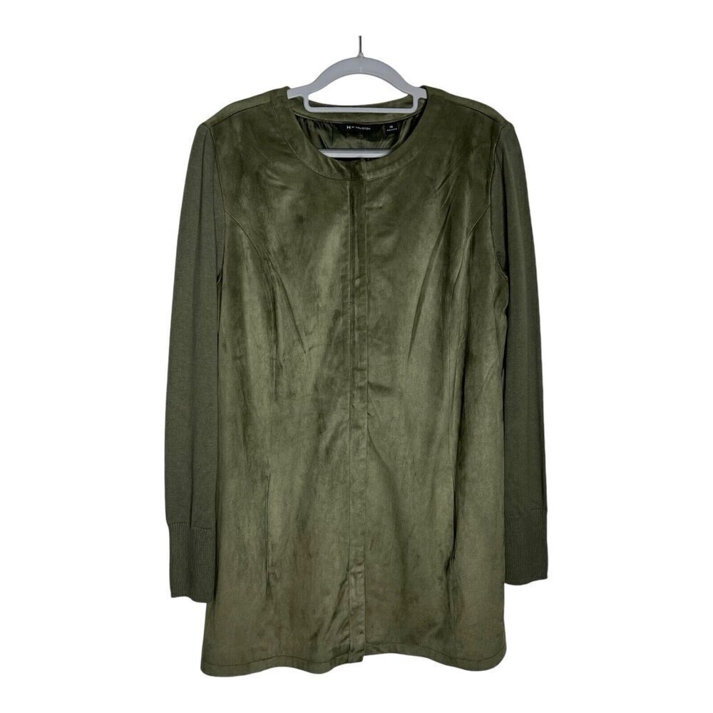 H by Halston Faux Suede Jacket‎ Womens Size 14 Sweater Sleeve Green Long Line